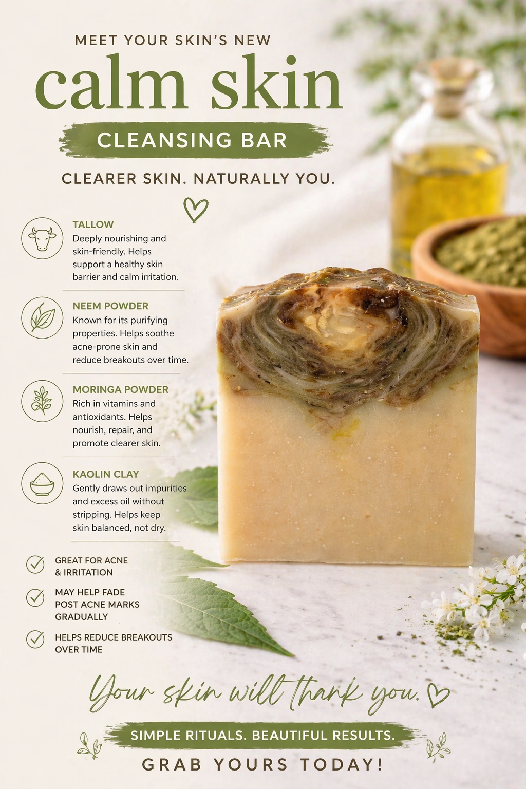 Cleansing bar with ingredients listed on a light background