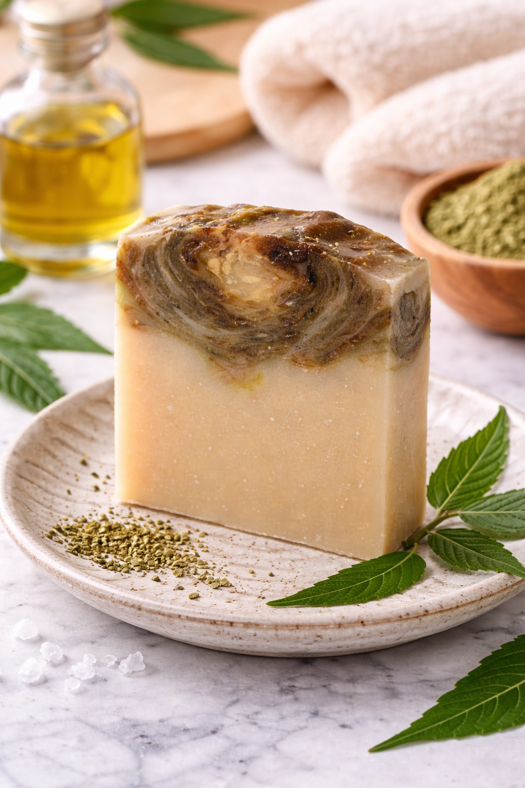 Swirled soap bar on a plate with green leaves and a bottle of oil in the background