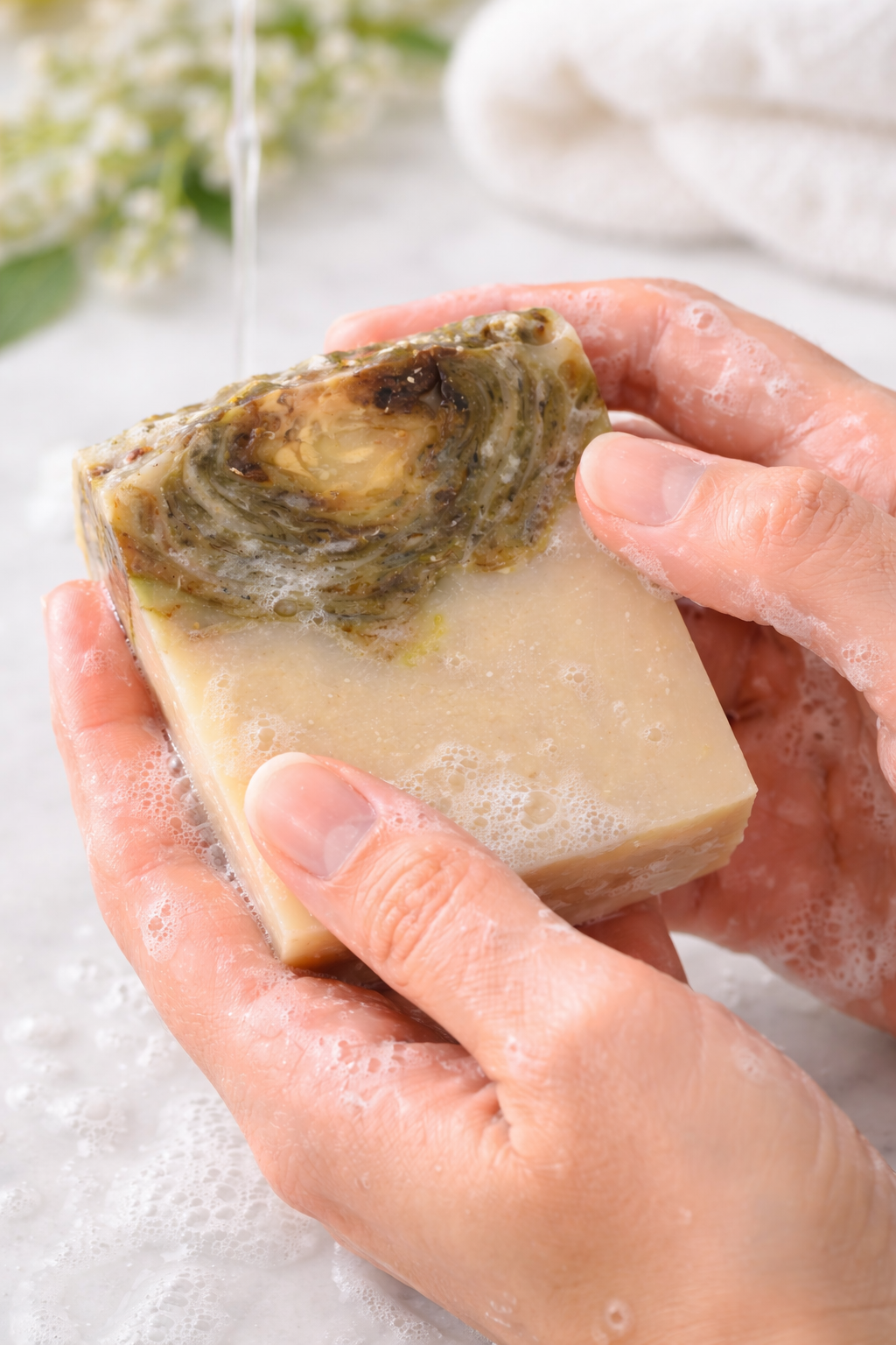 Hand holding a bar of soap with water being poured over it, against a soft focus background.