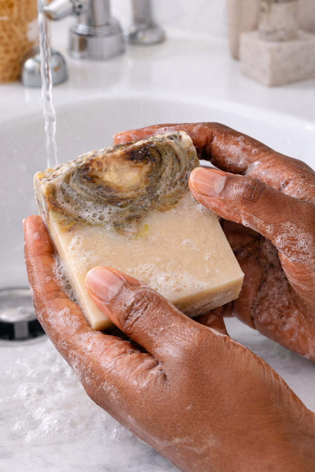 Hand holding a bar of soap under running water in a sink
