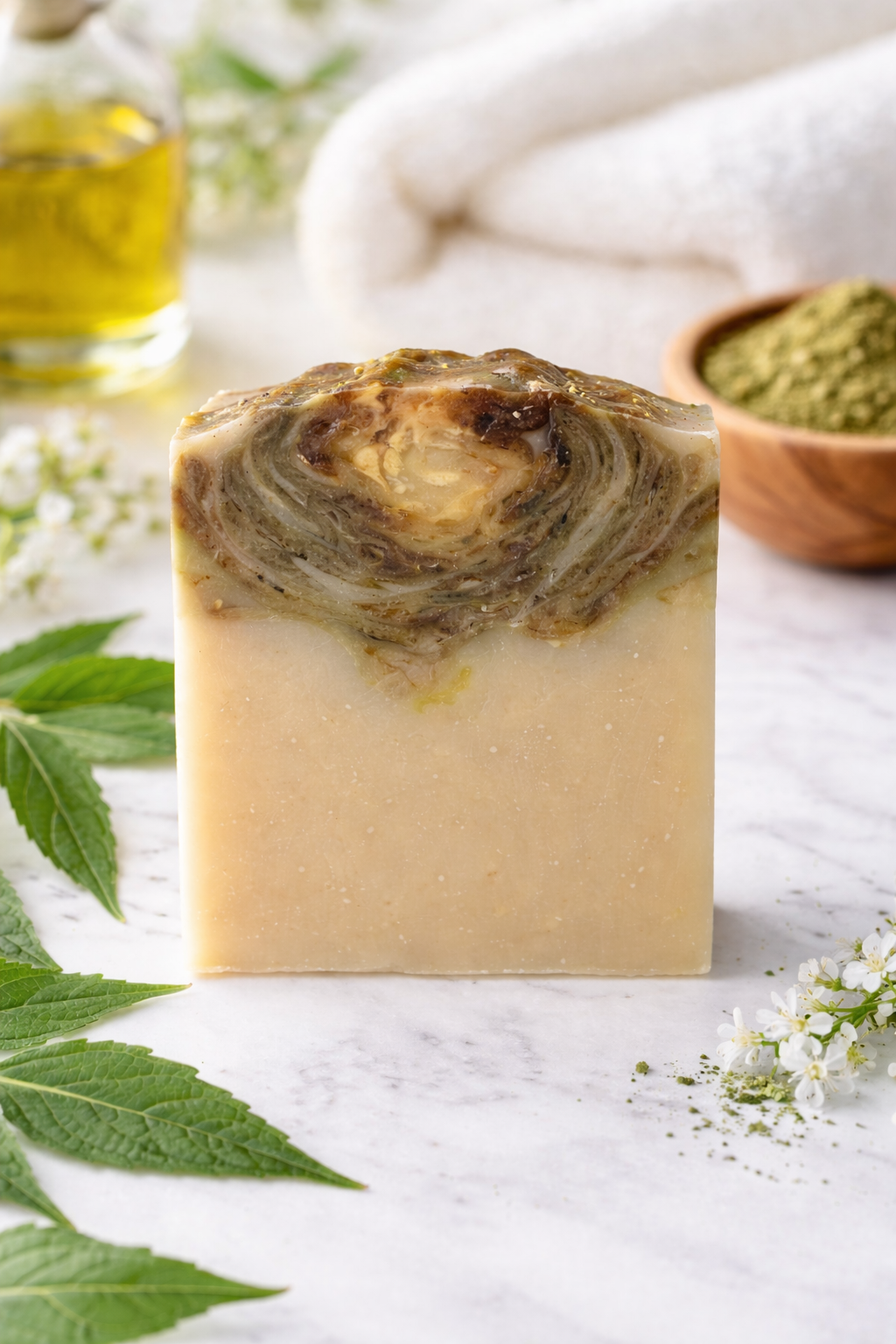 Bar of soap with natural ingredients on a marble surface