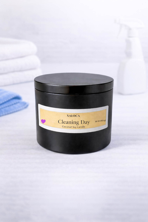 Black candle jar labeled 'Cleaning Day' on a white surface