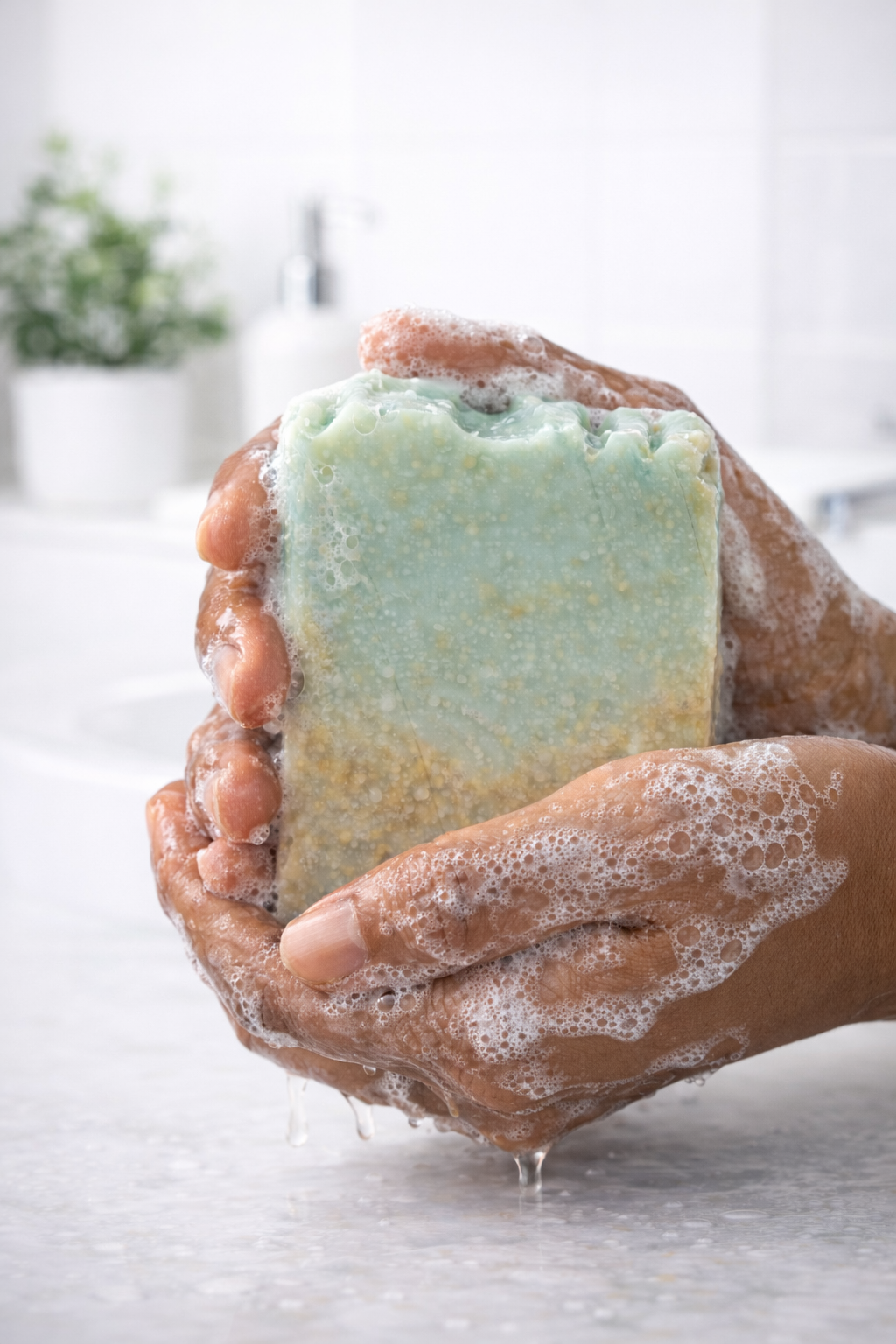 Hand holding a bar of green and yellow soap with soapy bubbles on a light background