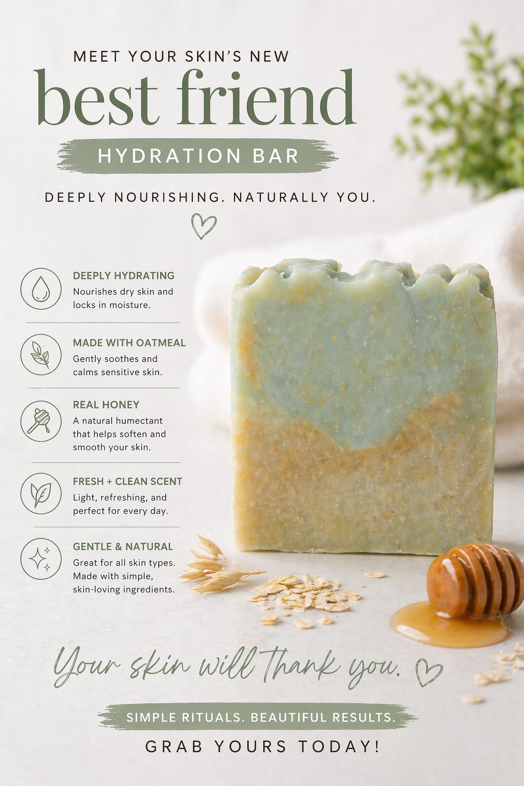 Nourishing bar with ingredients and benefits on a light background
