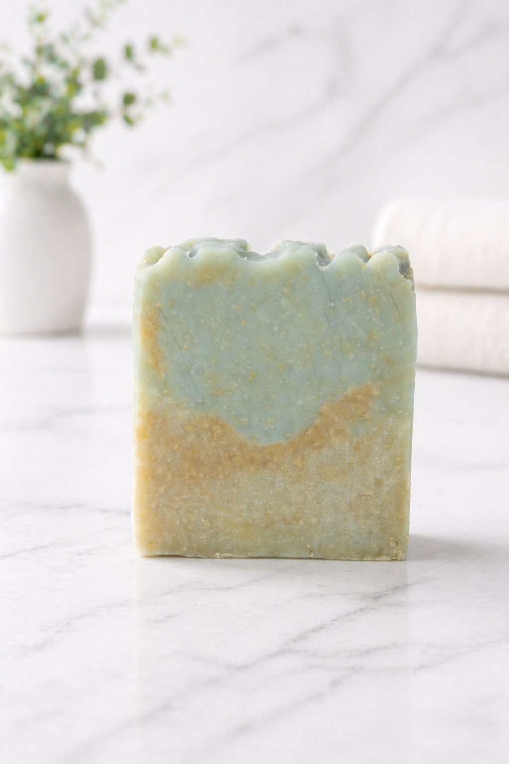 Handmade soap bar with a gradient of green and yellow on a white surface.