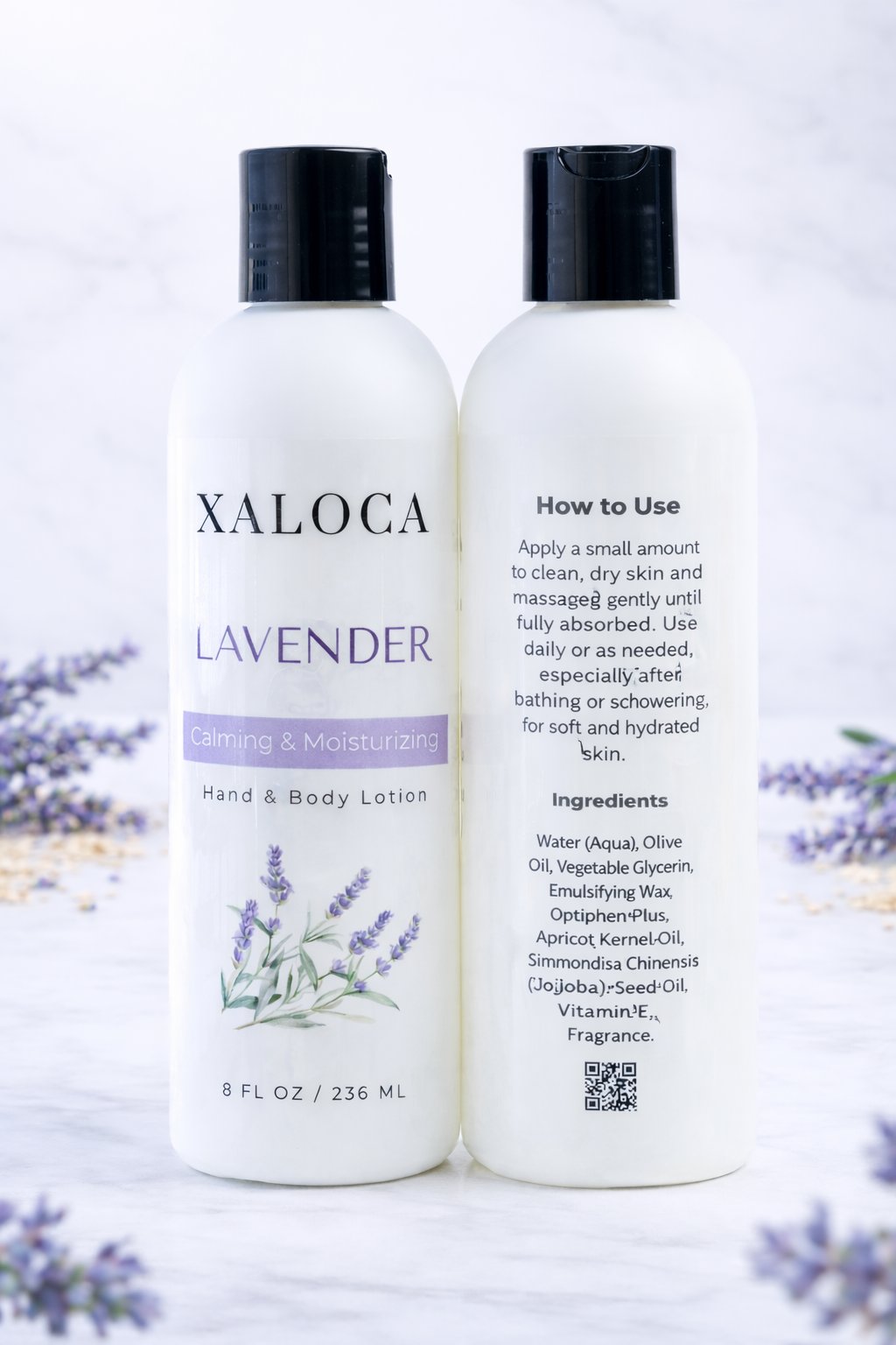 Two bottles of Xaloca Lavender hand and body lotion on a light background with lavender flowers.
