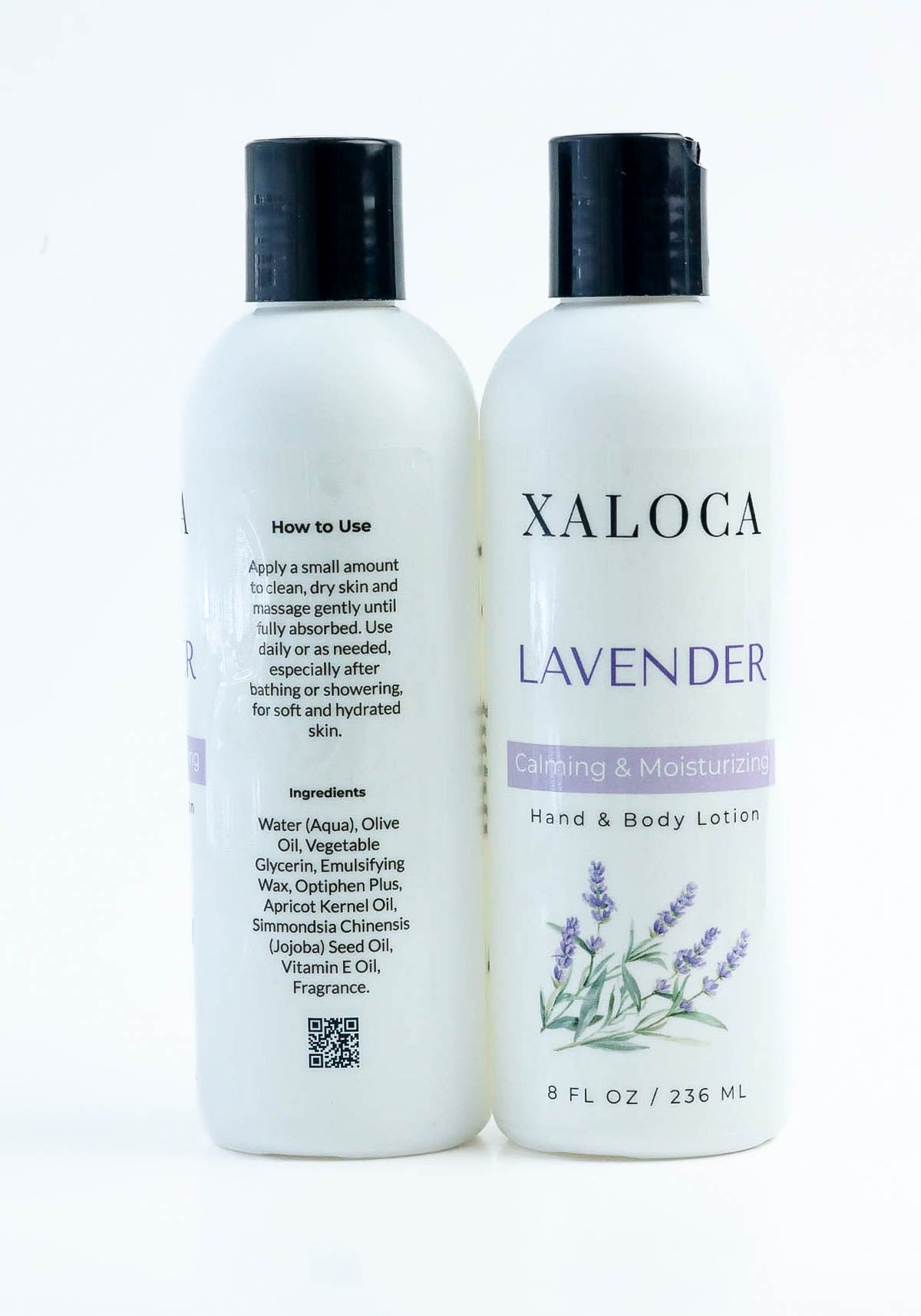 Two bottles of Xaloca Lavender hand and body lotion on a white background