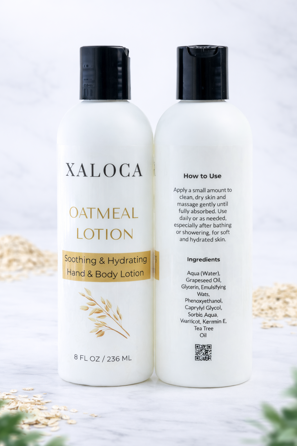 Two bottles of Xaloca Oatmeal Lotion on a light background with decorative elements.