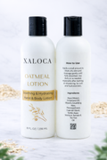 Two bottles of Xaloca Oatmeal Lotion on a light background with decorative elements.