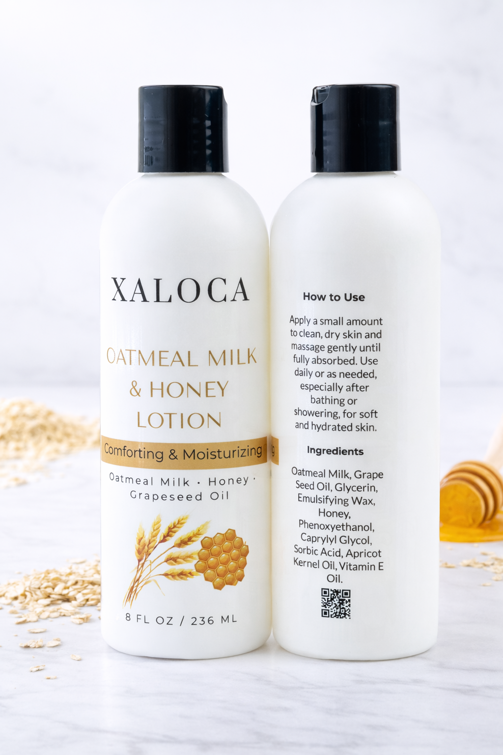 Two bottles of Xaloca Oatmeal Milk & Honey Lotion on a white background