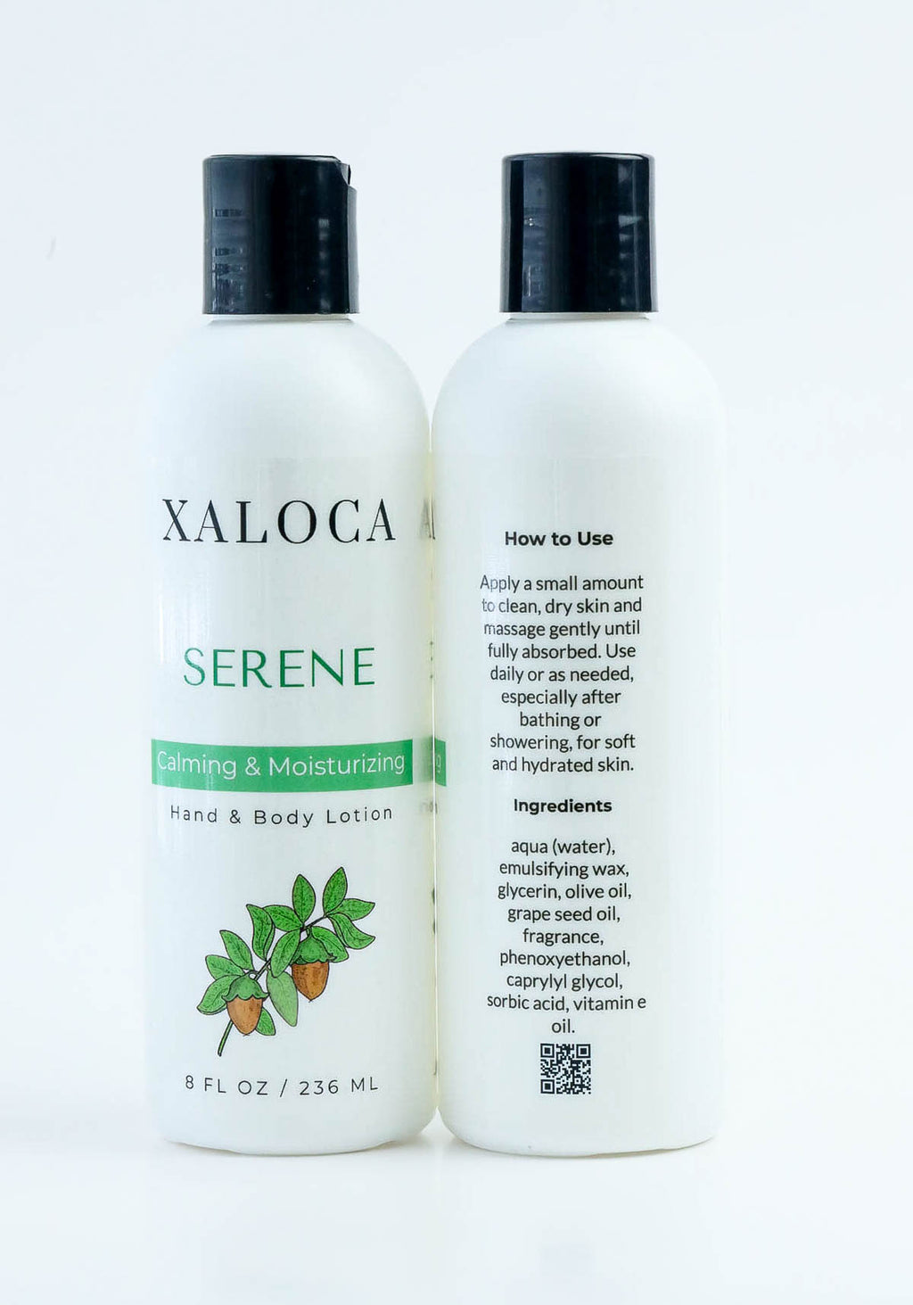 Two bottles of Xaloca Serene lotion on a white background