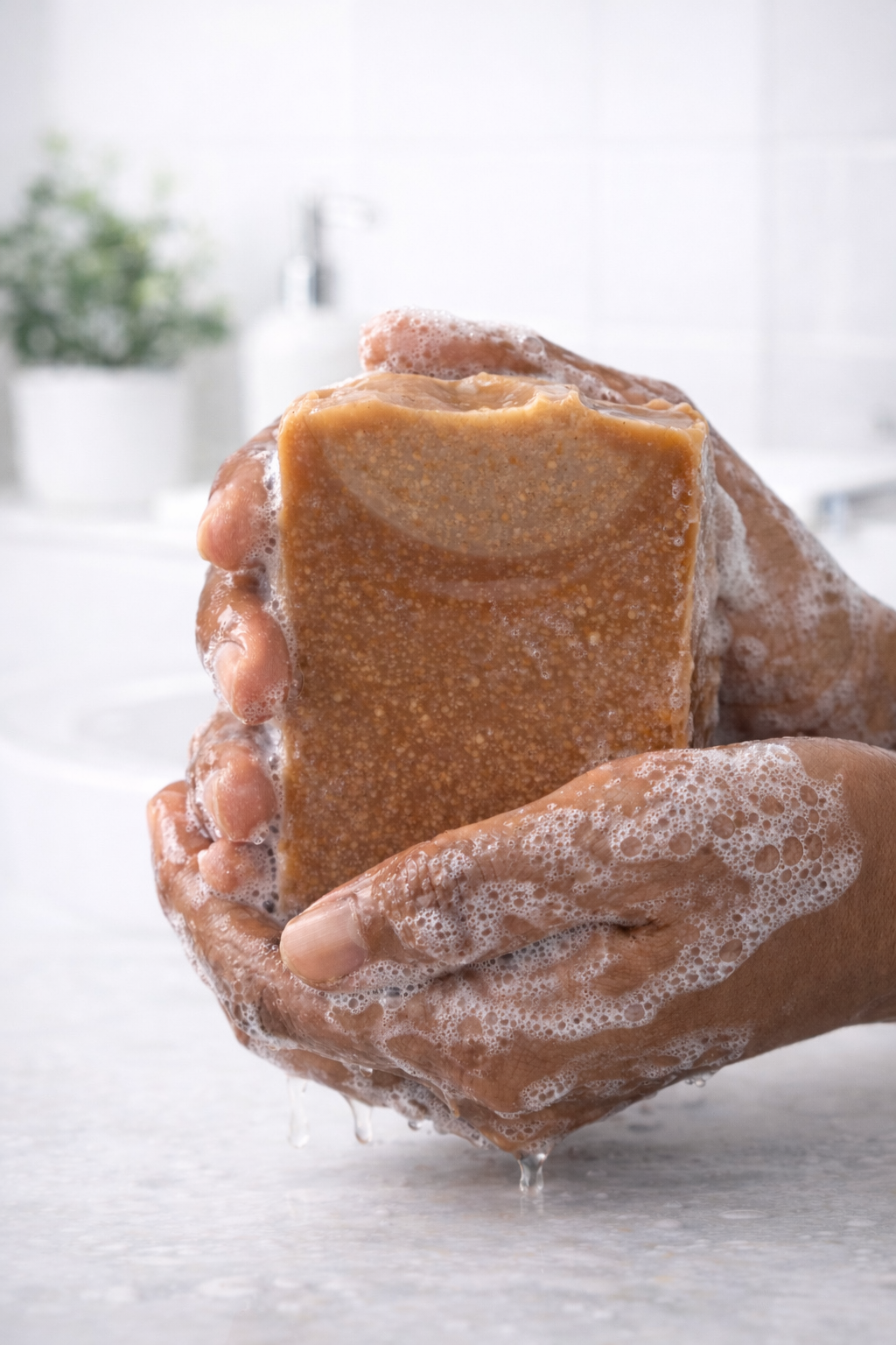 Hand holding a bar of brown soap with soapy bubbles on a light background