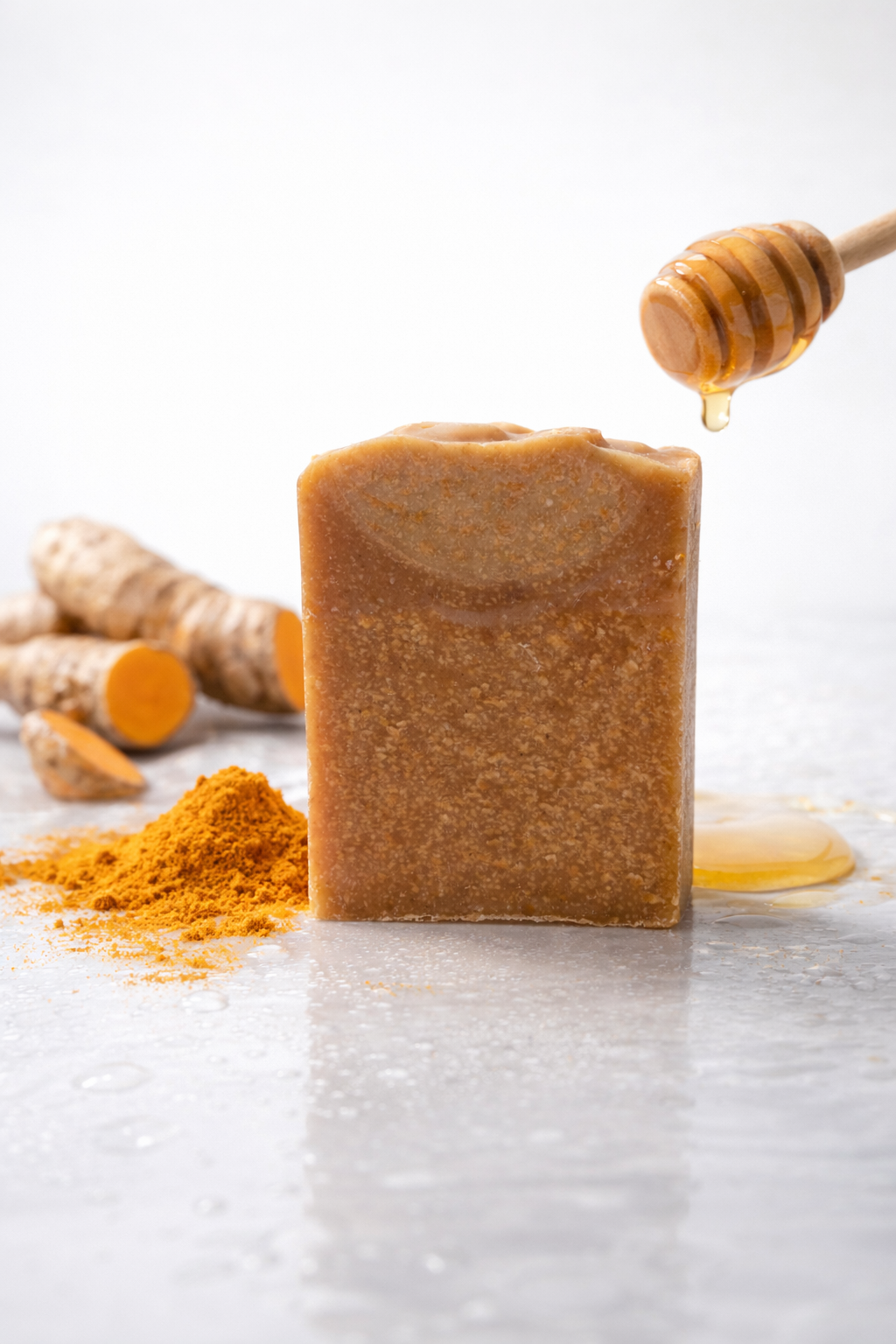 Bar of soap with turmeric and honey on a white background