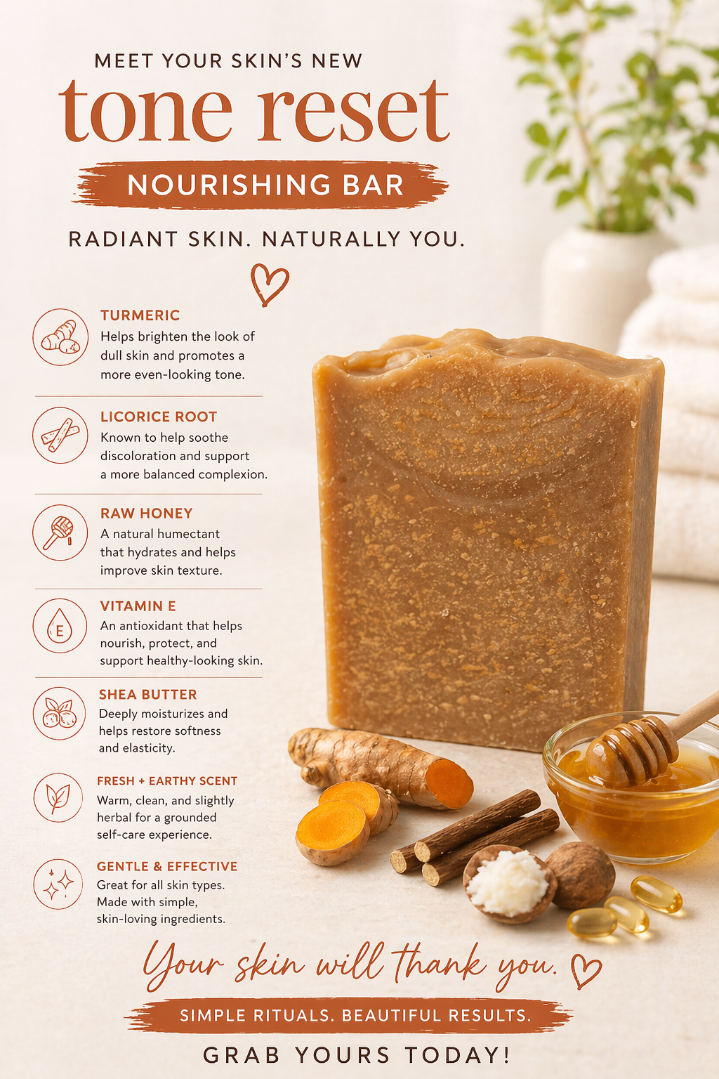 Nourishing bar with ingredients and benefits on a light background